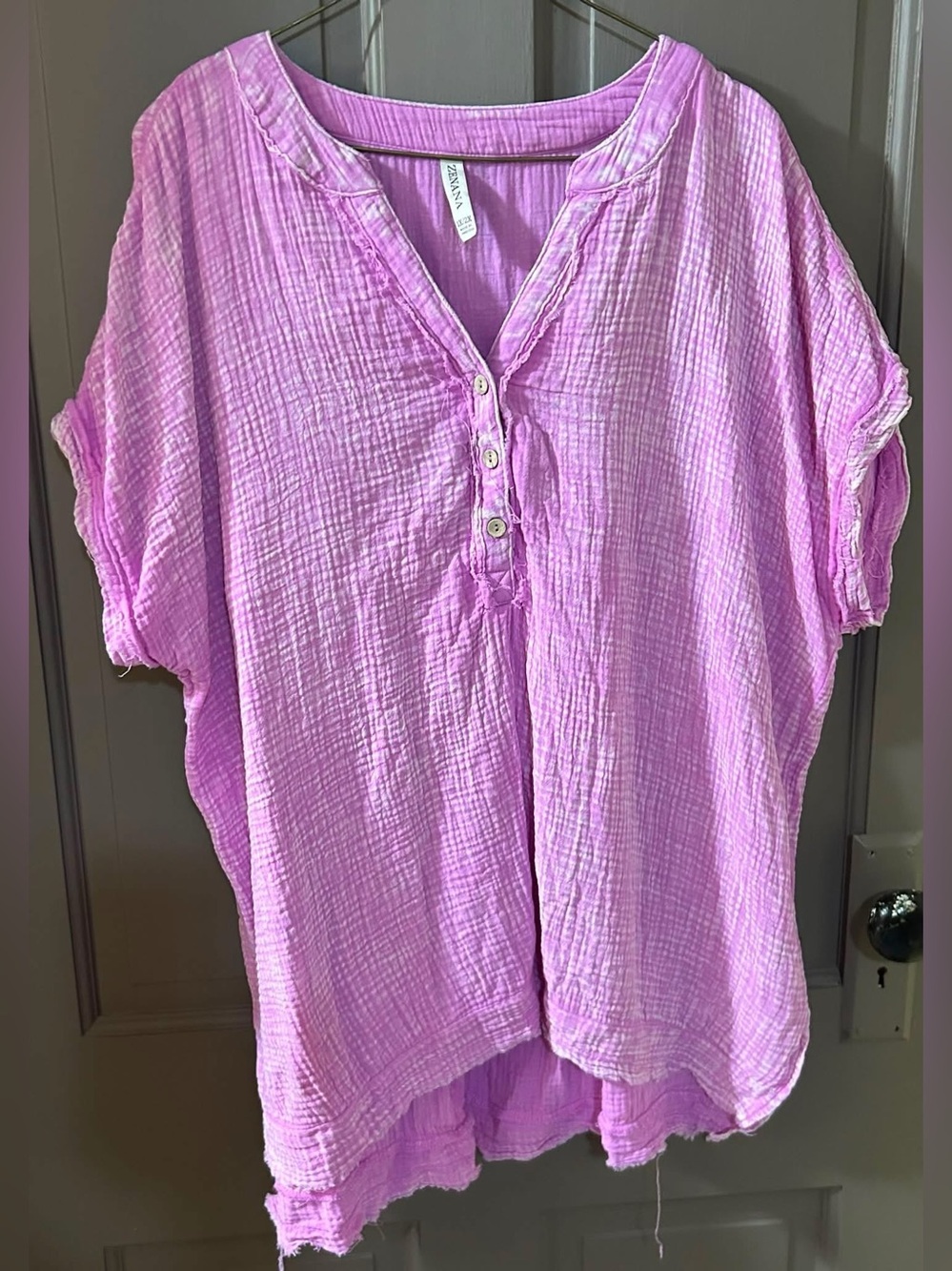 Zenana Outfitters Lavender Pink Crinkle Henley Tunic